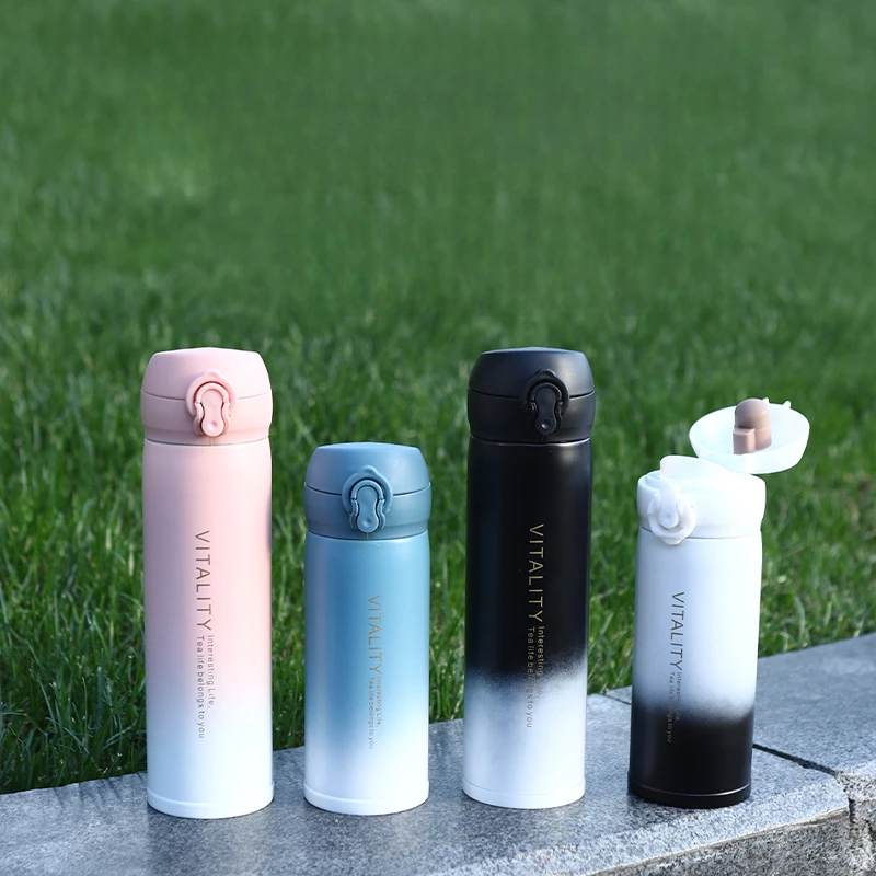 350/450ml Gradient 304 Stainless Steel Water Bottle, One Click Pop Dual Drink Insulated Flask for Women Outdoor Commute