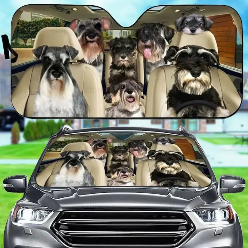 Schnauzer Car Sunshade, Dogs Family Sunshade, Dog Car Accessories, Car Decoration, Gift Owner Dog, Schnauzer Lover LNG182202A23