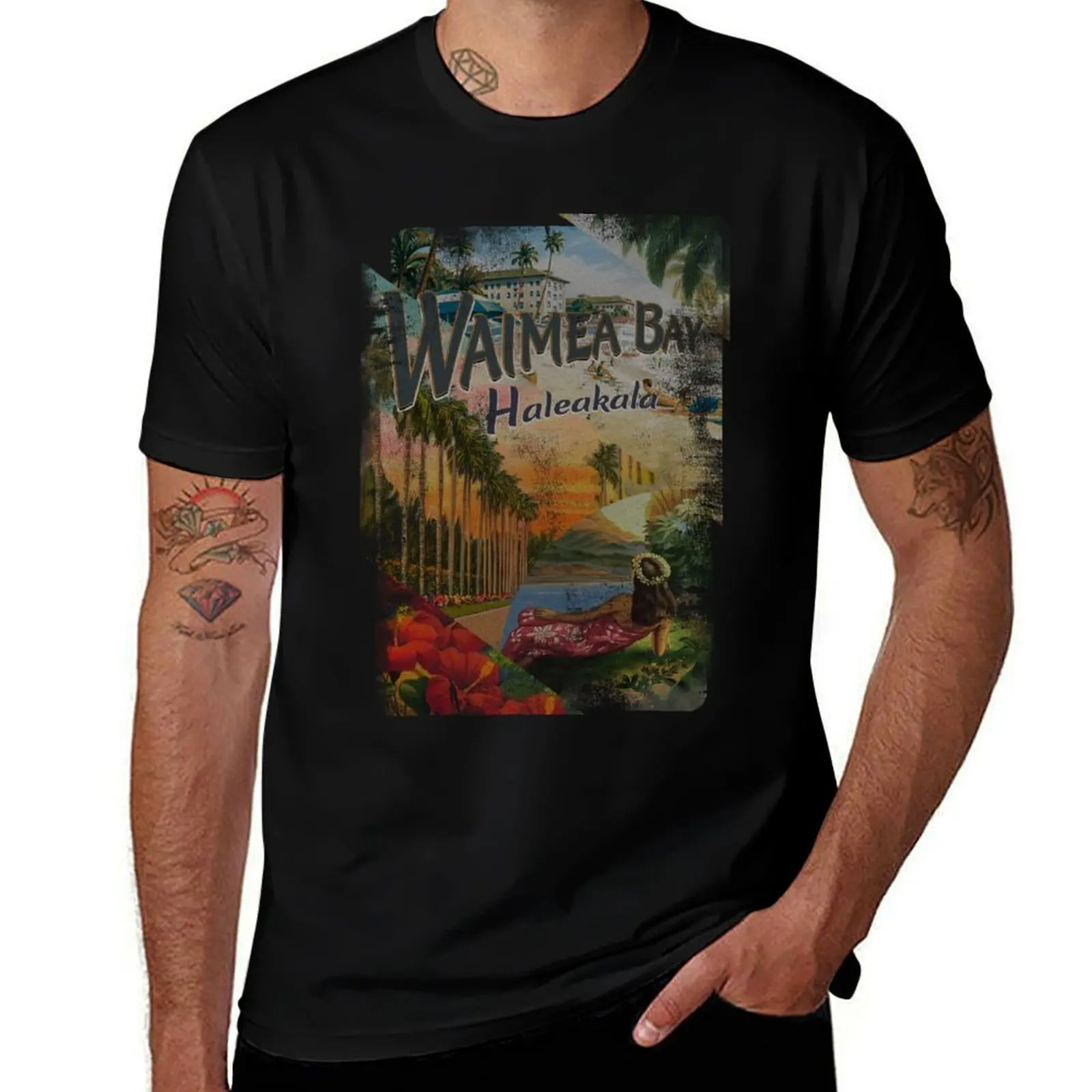 Vintage Hawaiian Waimea Bay, Haleakala, Postcard T-Shirt t shirts for man cotton T-Shirt