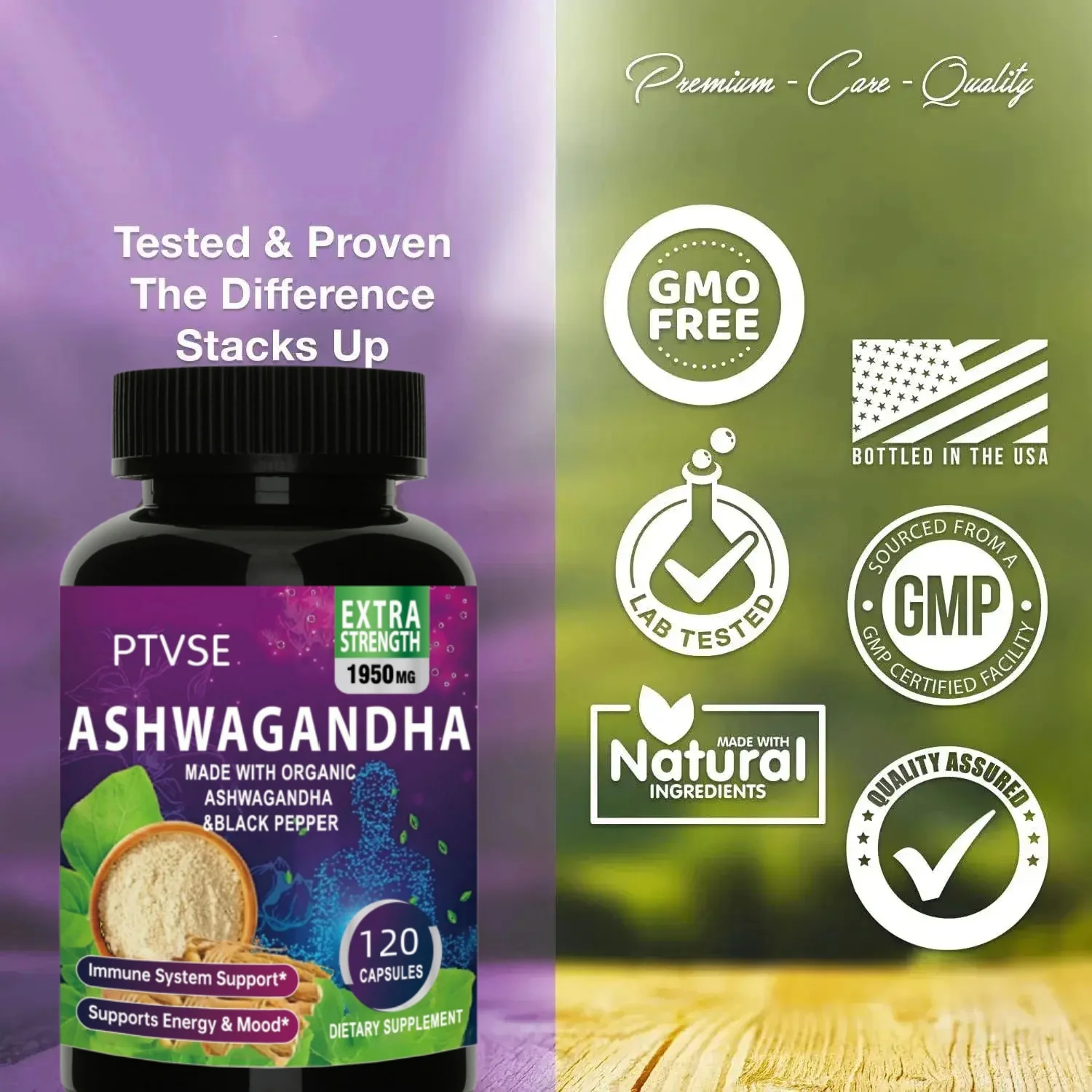 Ptvse Ashwagandha Capsules | Ashwagandha Extract Supplement | Boost Energy, Relieve Stress, Support Mood & Focus