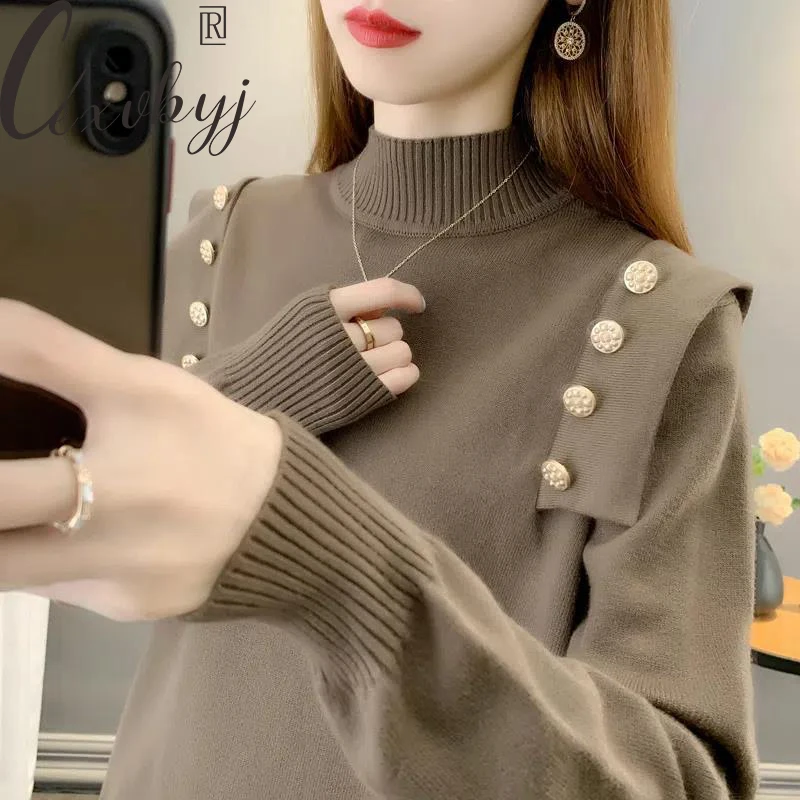 Fall Winter Half-Turtleneck Sweater Women Button Patchwork Long Sleeve Knit Pullover All-Match Bottoming Kniwear Top Oversized