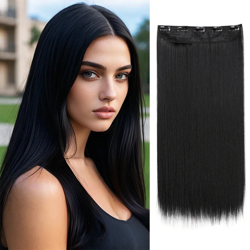 

Synthetic 5-Clip One Piece Invisible Hair Extensions Long Straight 24Inch Heat Resistant Hairpiece for Women