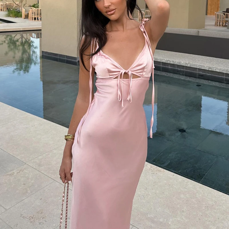 Robe longue de plage à lacets pour femmes, col en v, bretelles Spaghetti, mode, Sexy, sans manches, Slim, vêtements d'été