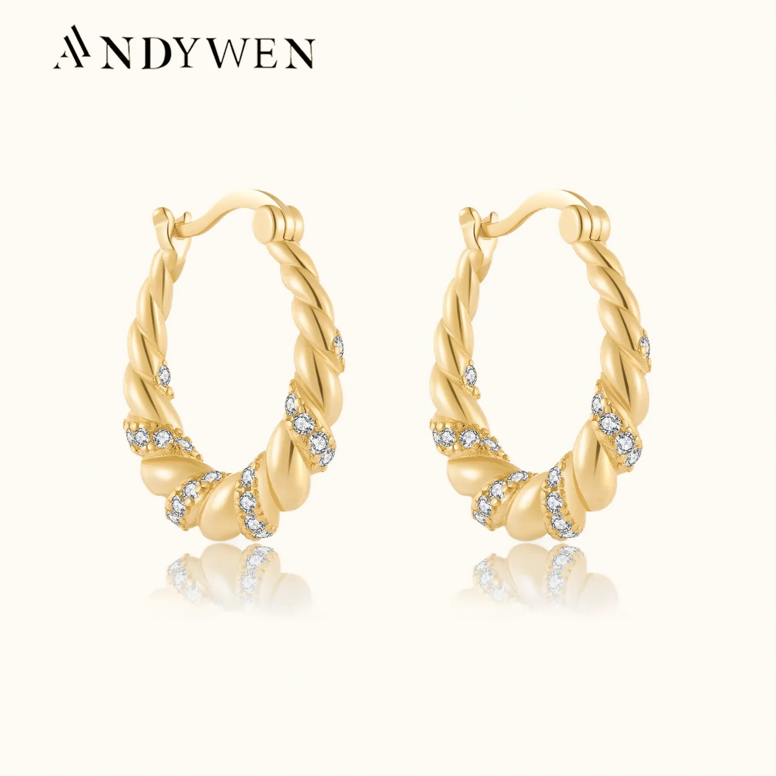 

ANDYWEN 925 Sterling Silver Twist Zircon CZ Hoop Piercing Loop Circle Women luxury Thread Rock Punk Fine Jewelry Gift