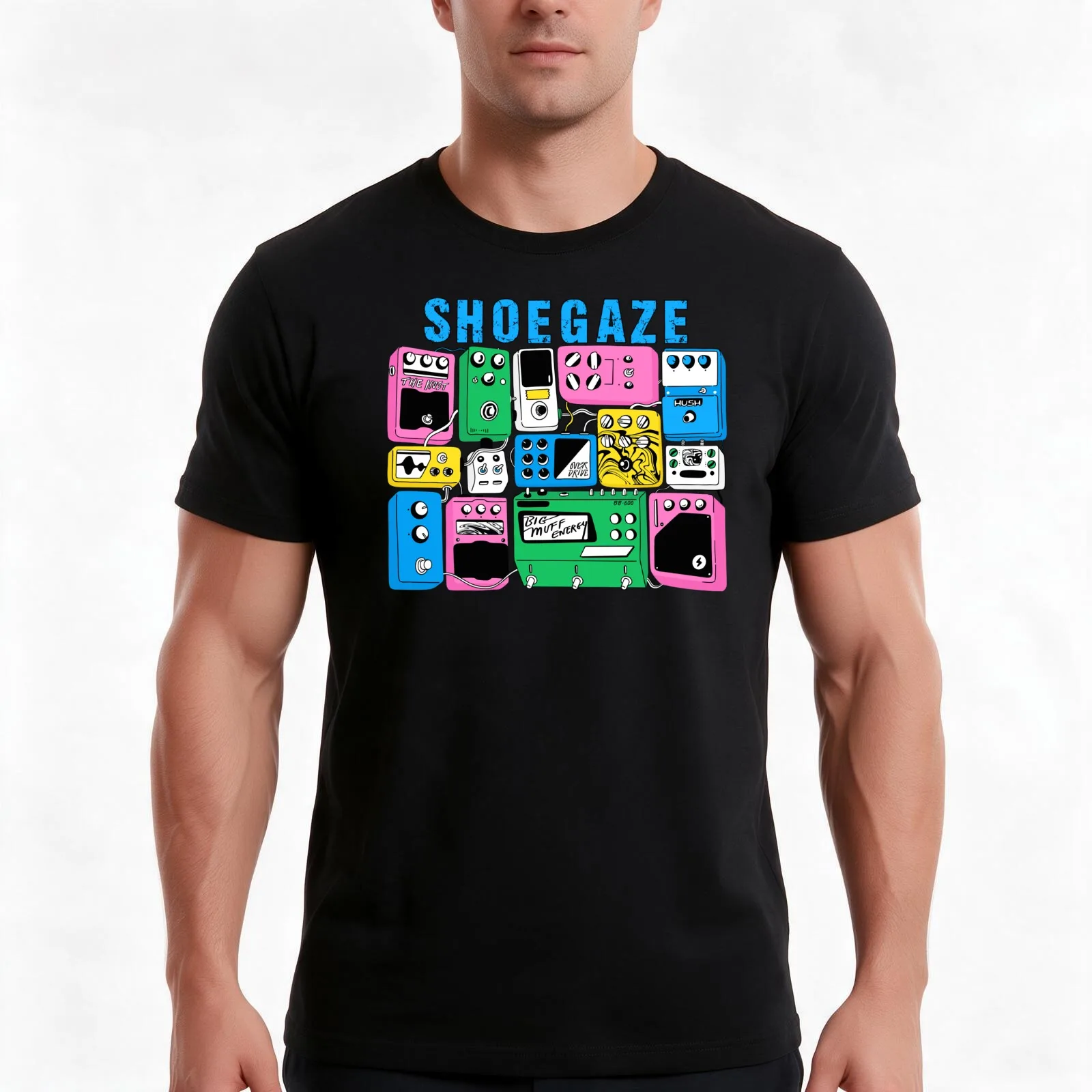 SHOEGAZE guitar pedal T-Shirt, Summer Casual Cotton Tee, Oversized Streetwear Tops, Vintage Graphic Print, Unisex Men Women