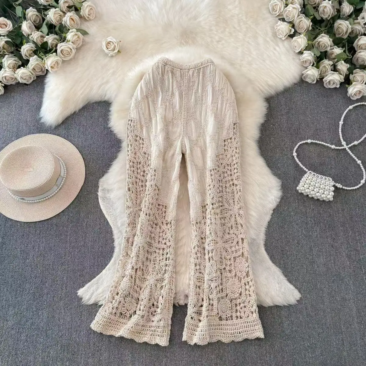 Korean Women Knitting Trousers Embroidery Splice Hollow Out Elastic Waist Loose Beach Long Wide Legs Pants Streetwear Women
