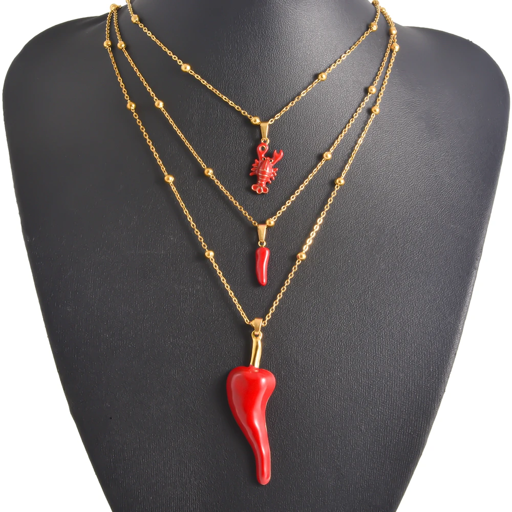 1pc Red Enamel Charm Chunky Chili Heart Shaped Strawberry Stainless Steel Necklace Lobster Coral Crab Personality Necklaces Gift