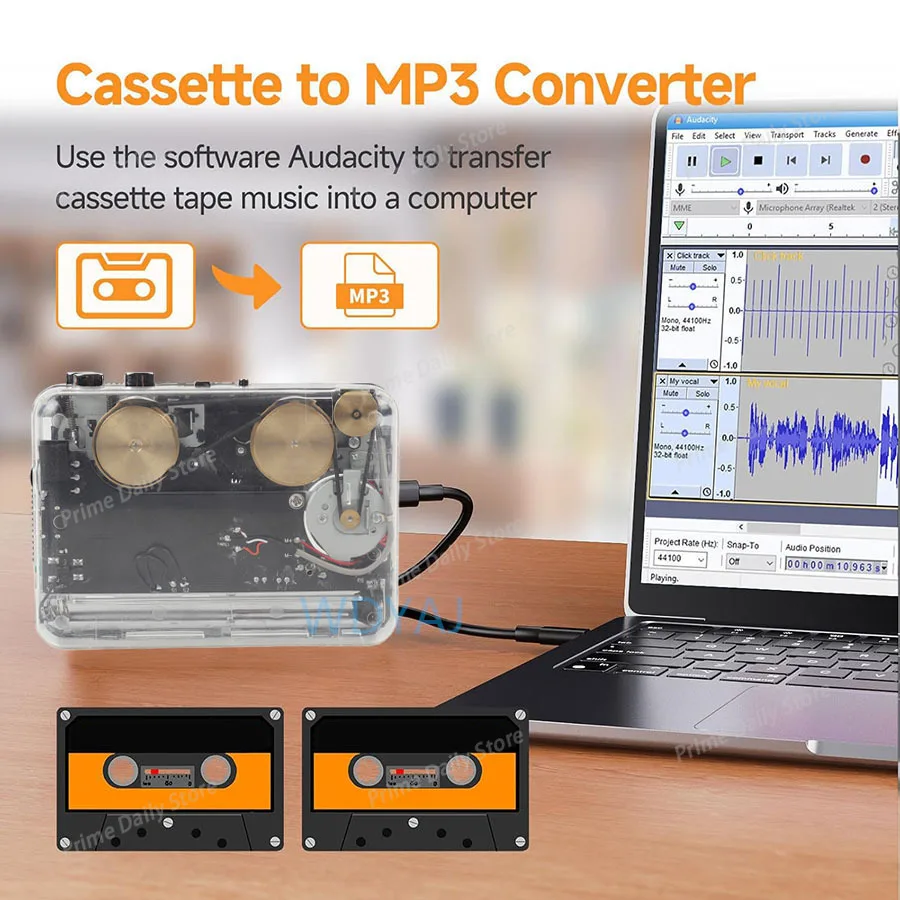 Portable Classic Cassette Tape Player, Fully Transparent Shell Cassette to MP3 Converter, Type-C Interface MP3  Music Player