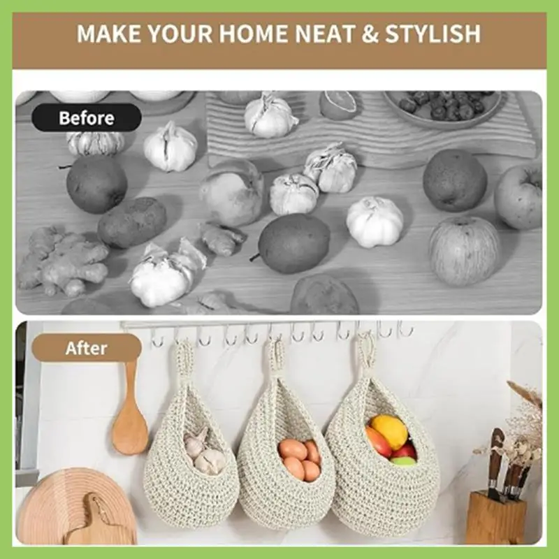 

ABJT-Wall Hanging Fruit Baskets For Kitchen 3 Pack Woven Produce Holder Vegetable Hanging Basket