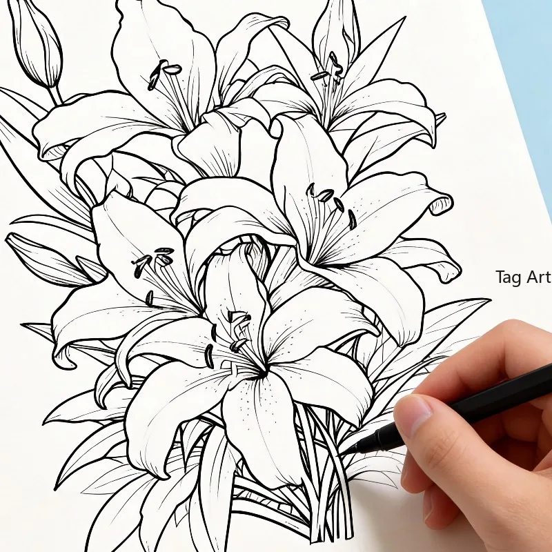 A Hand Drawn Coloring Exercise Book for Adult Healing and Stress Relief, with Themes Such As Flowers, Street Scenes, and Animals
