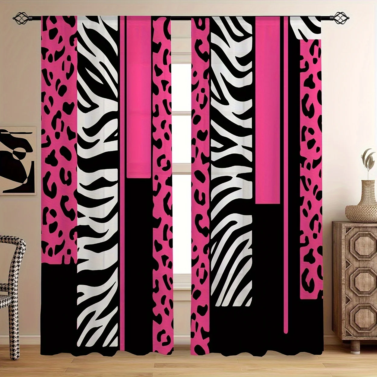 2 Panels Pink Leopard Zebra Print Curtains, Bold Animal Stripe Pattern Polyester Drapes for Living Room Bedroom, Modern Window