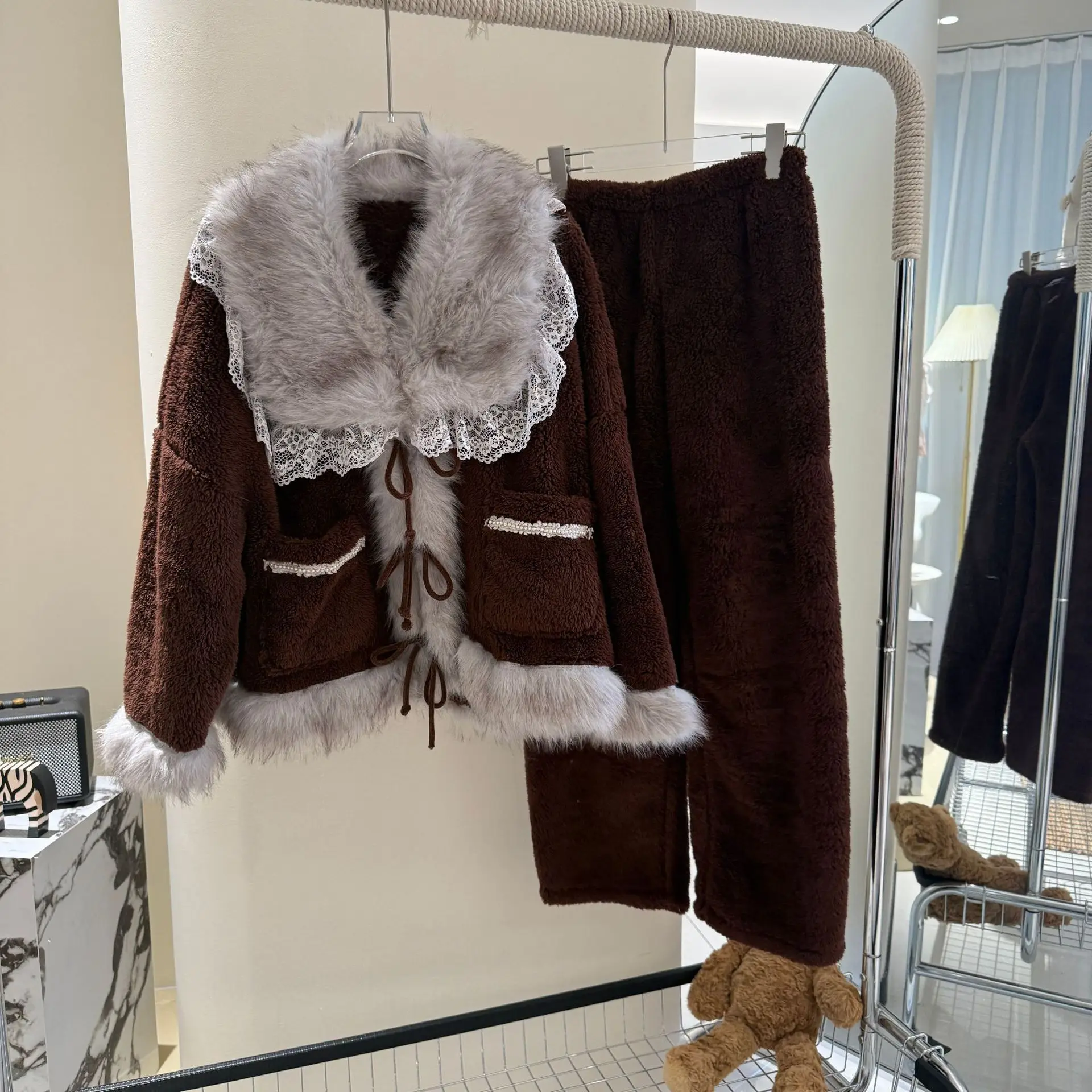 Зимняя теплая одежда для сна, пушистый бархатный утепленный пижамный комплект, женские пижамные комплекты со штанами, комплекты брюк с карманами, одежда для сна, домашний костюм