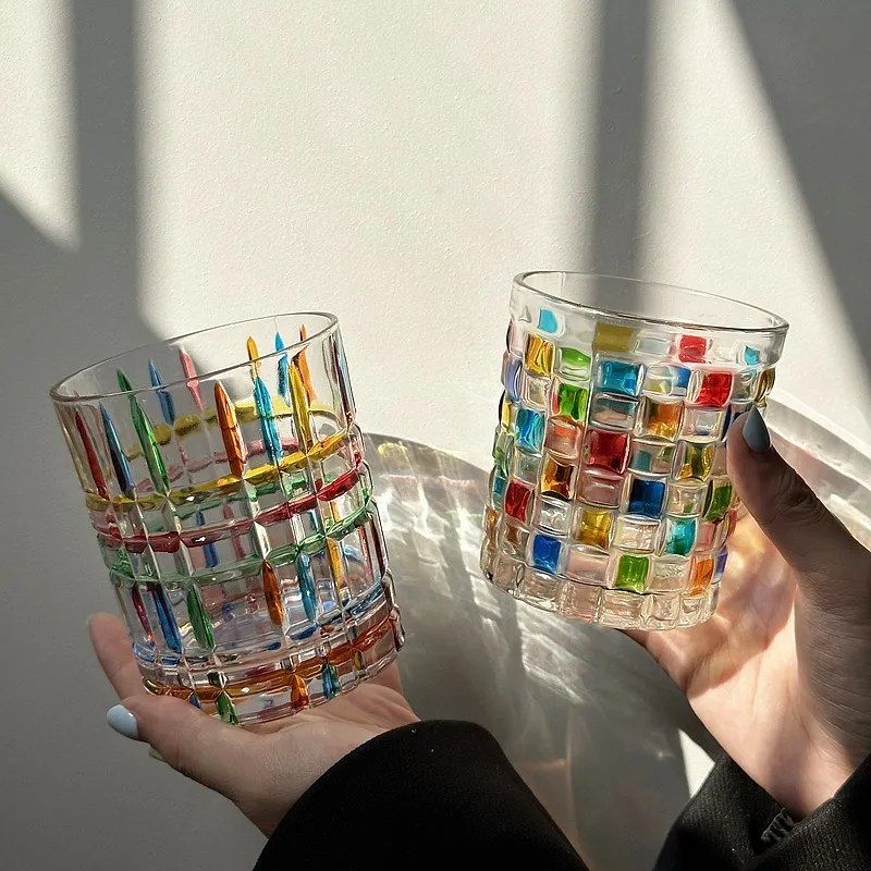 

Refracting Rainbow Light, винтажная чашка, итальянский блеск, ручная роспись квадратной решетчатой тканой стеклянной чашки для воды