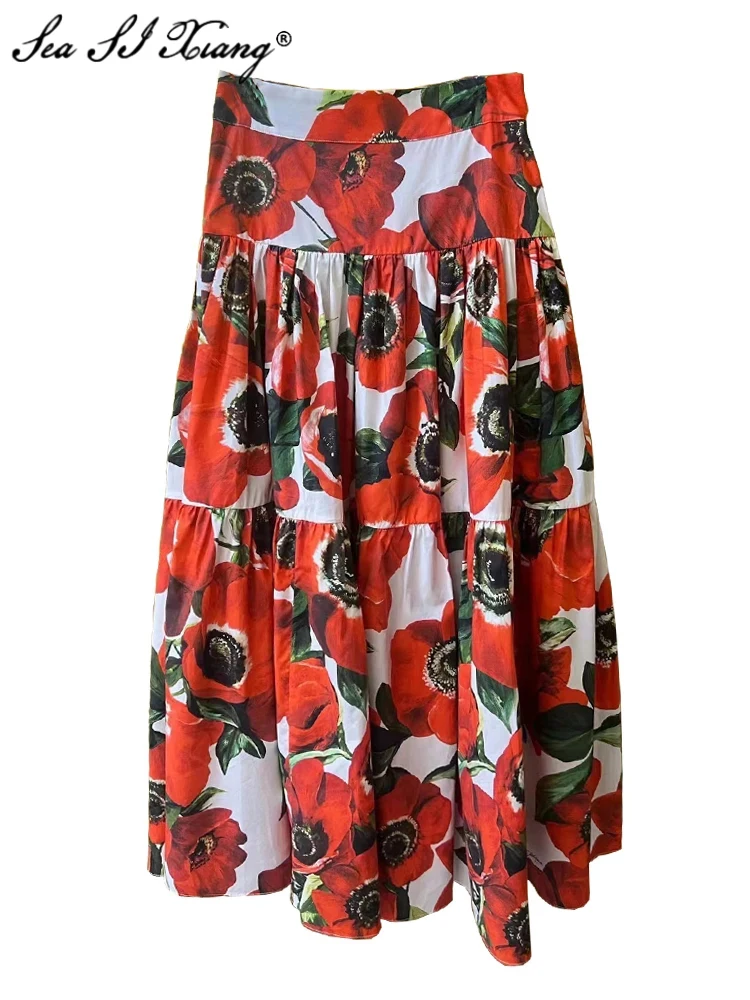 

Seasixiang Fashion Designer 100% Cotton Skirt Women Red Sea Anemone Print High Waiste Elegant Sicilian Skirt