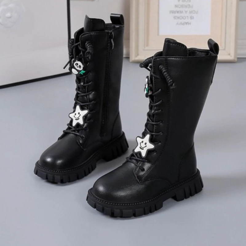 2025 New Girls Autumn Winter Furry Leather Boots Fashion Long Boots with Cotton Lining Warmth for Kids