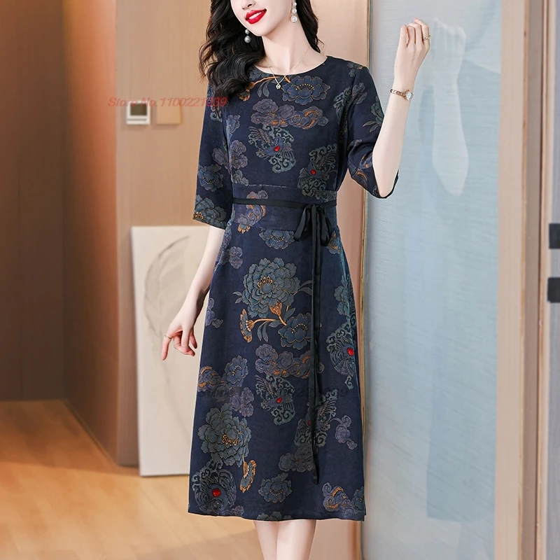 

2024 traditional chinese vintage dress improved cheongsam national flower print o-neck satin dress oriental banquet party dress