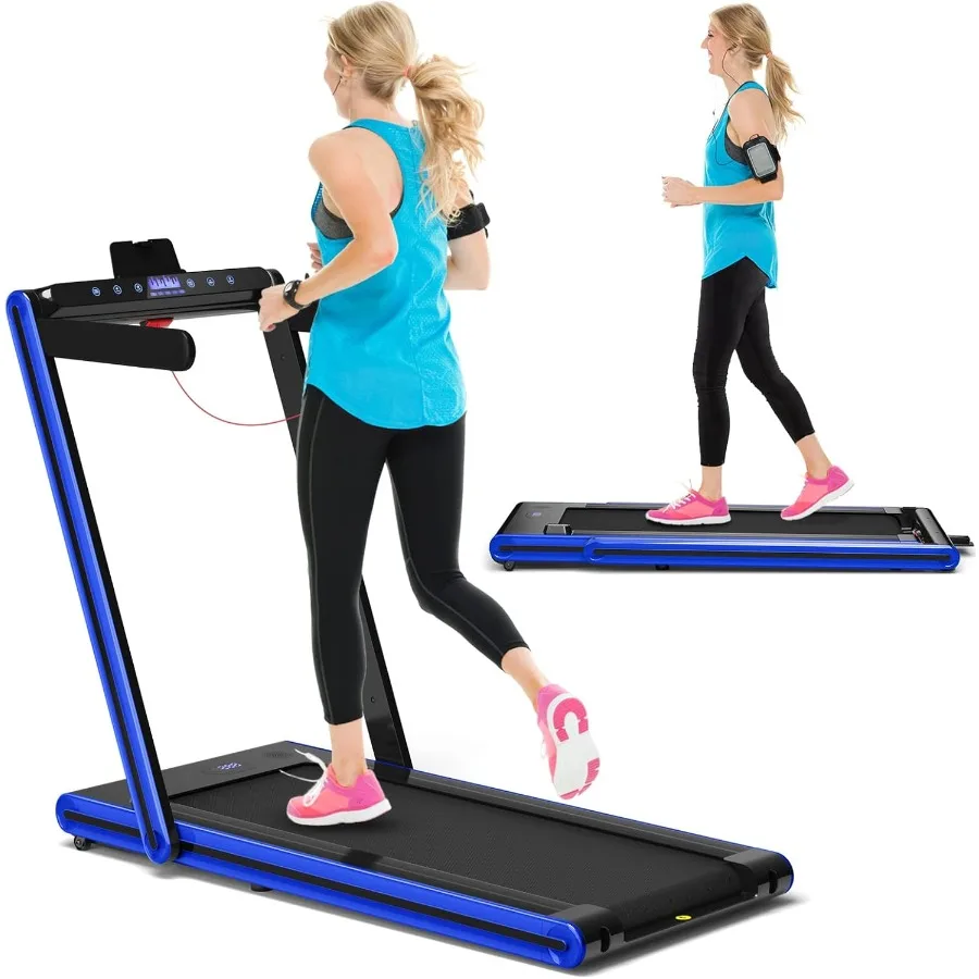 Home Gym Under Desk Treadmill Navy Folding Walking Pad with Dual LED Display APP Remote Control for Small Spaces