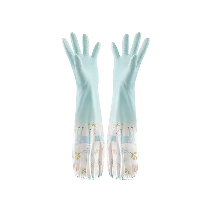 Guantes para lavar platos, guantes de goma impermeables para tareas domésticas, guantes de manga de empalme, banda elástica de felpa, guantes duraderos de goma para la boca