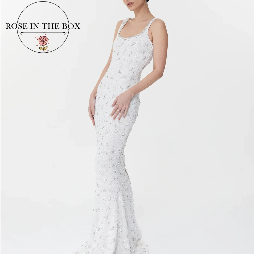 

ROSEINTHEBOX индивидуальное белое вечернее платье русалки с бисером и кристаллами для женщин, длинное свадебное платье с разрезом сзади
