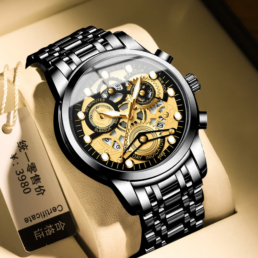 

2023 New Luxury Brand Men Quartz Watch Gold Stainless Steel Skeleton Waterproof Luminous Calendar Wristwatches Male Casual Clock