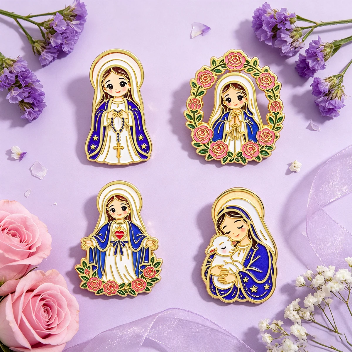 4-teiliges Kawaii religiöses Jungfrau-Maria-Broschen-Set, florale Emaille-Anstecknadel für Rucksack- und Kleidungsdekoration, Geschenk mit Glaubensthema – Detail 3