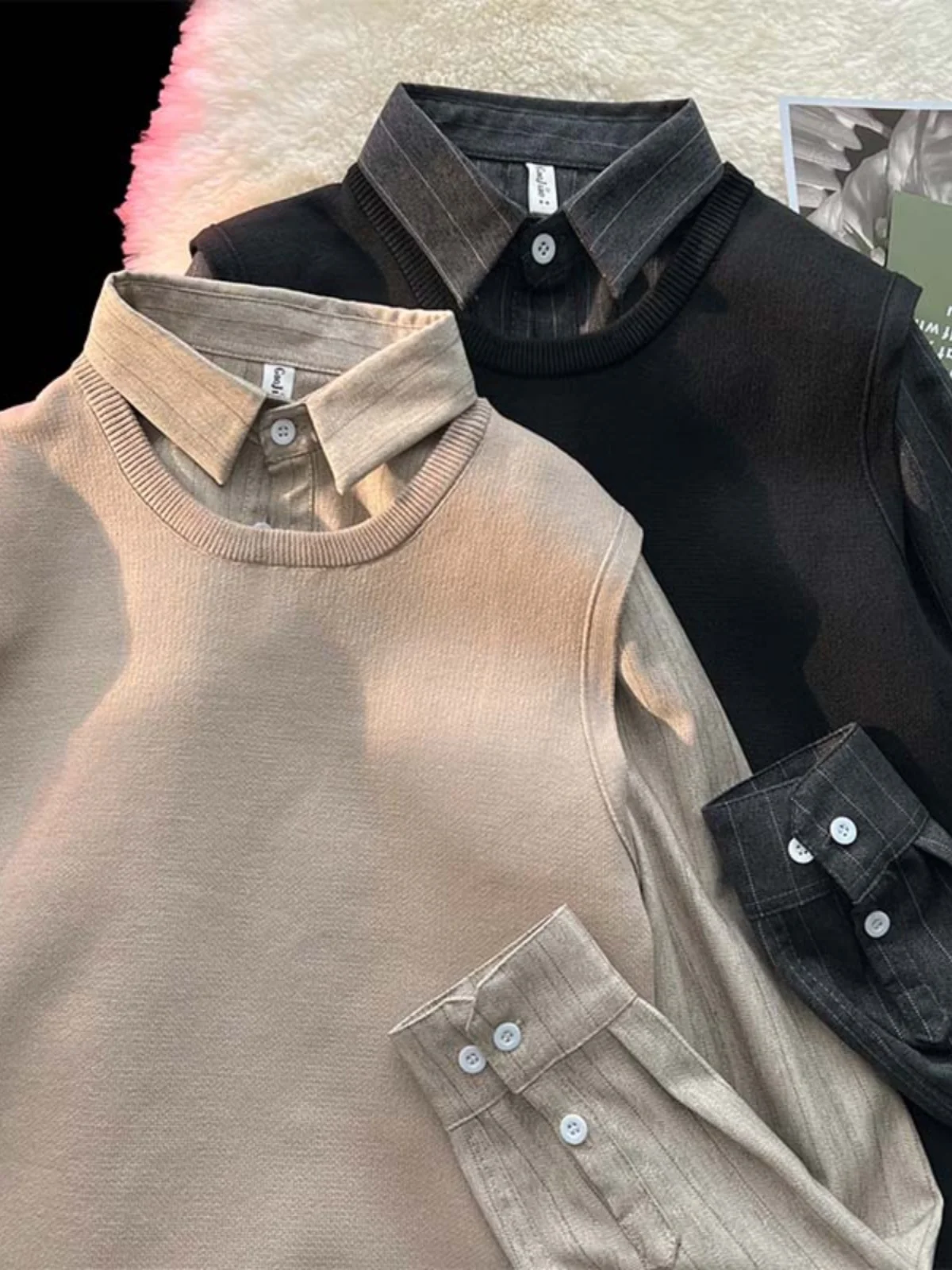 

Casual Men's Striped irt And Knitted Vest Autumn Winter Faion Brand Loose Fit Long Sve Polyester Fiber No Iron Treaent