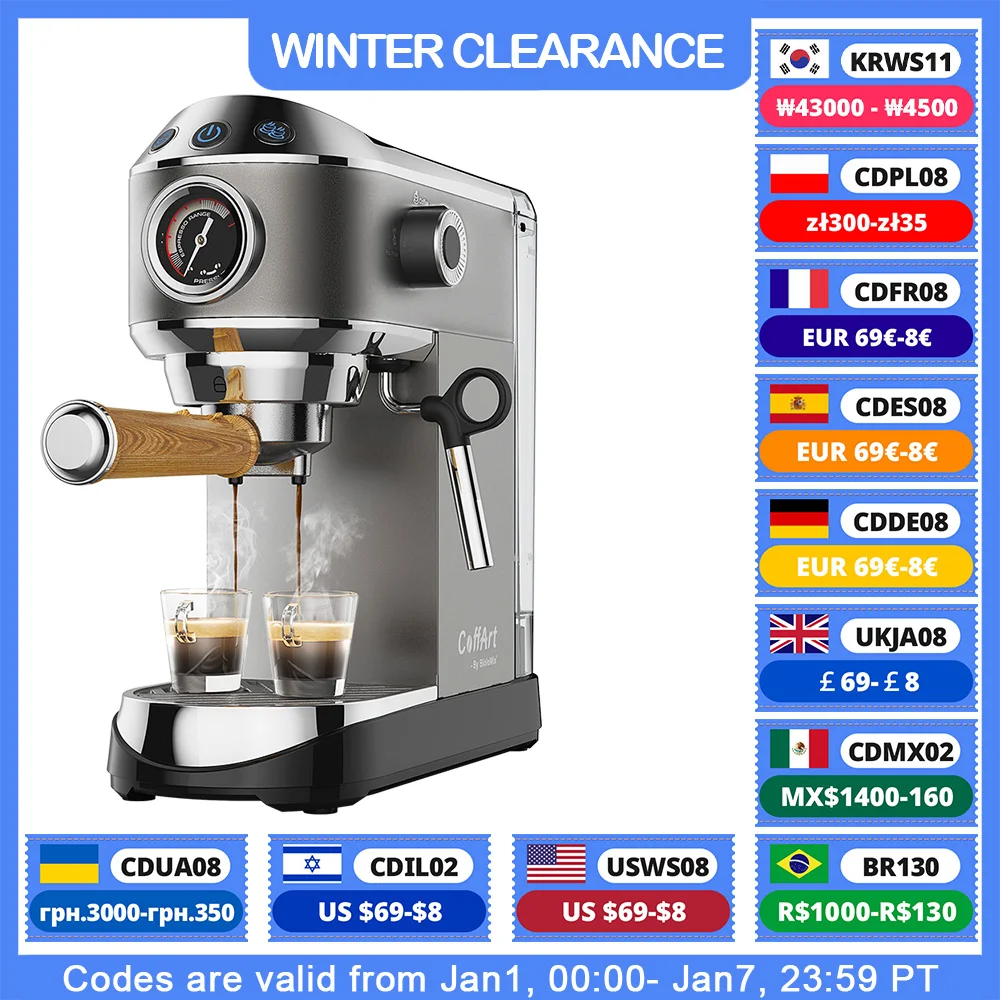 BioloMix 20 Bar Semi Automatic Powder Coffee Machine,with Milk Steam Frother Wand, for Espresso, Cappuccino, Latte and Mocha