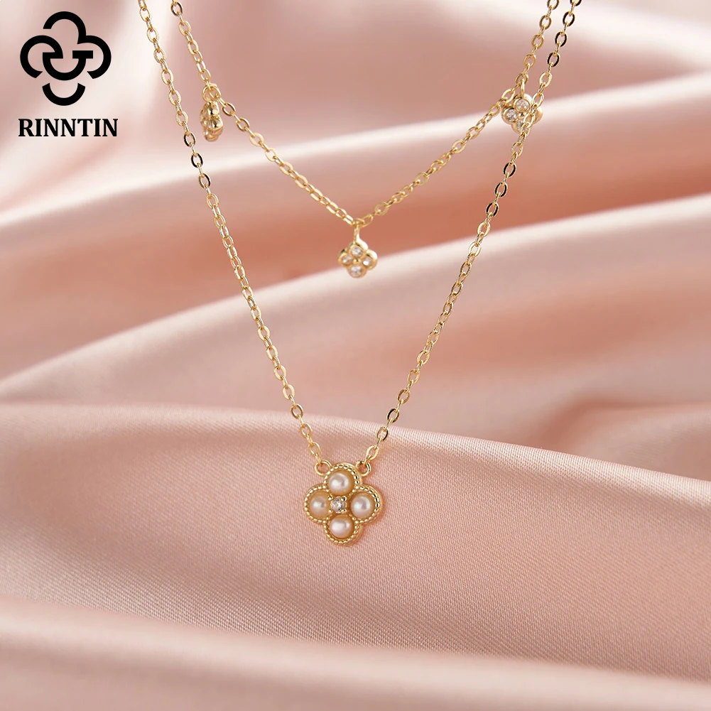 

Rinntin 925 Sterling Silver Pearls Layered Necklaces Set 14K Gold Plated Flower Shape Pendant Collar Chain Necklace Luxury GPN80