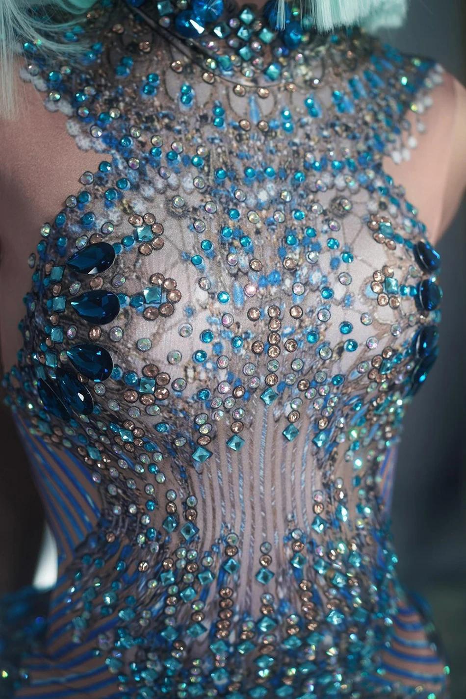 blue Long Dress Women Sleeveless Fashion Crystals Rhinestone Party Tassel Club Dress Blue Sexy Jazz Singer Dancer Stage Costumes