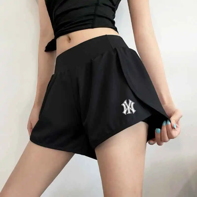 Female Fitness Workout Shorts Abstract Emblem Pattern Print Elastic Waist Quick‑Dry Lightweight Breathable Yoga Gym Jogging Athl