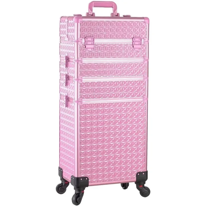 5 in 1 Professional Makeup Train Case Aluminum Cosmetic Case Rolling Makeup Case Extra Large Trolley Makeup Travel Organizer