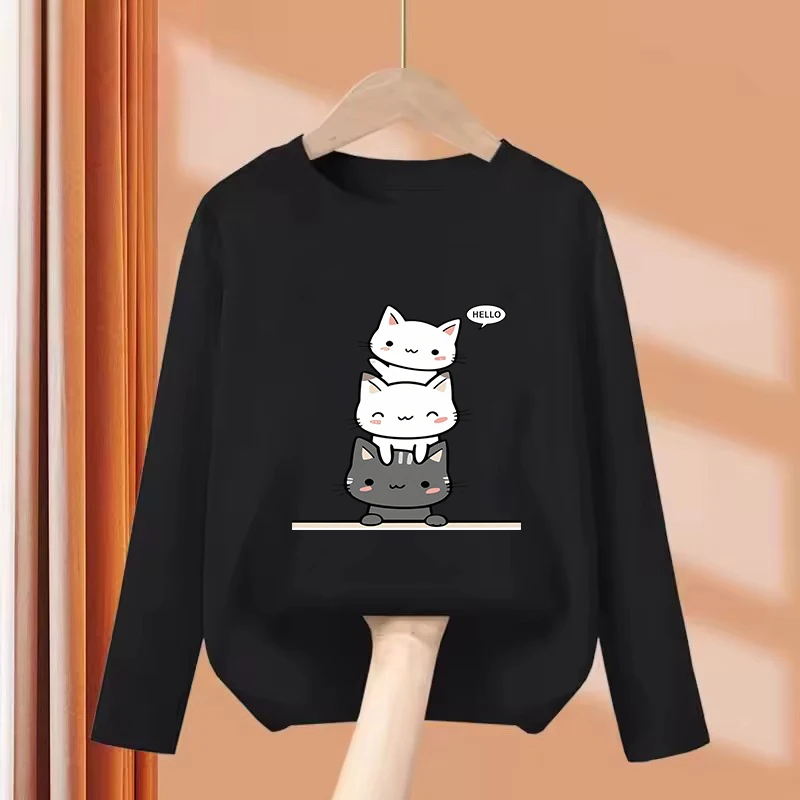 Long Sleeve New Happy Cat Funny T Shirts Manga Kids Children's T-shirt Boys Girls Summer Spring Casual Top Tee Shirt