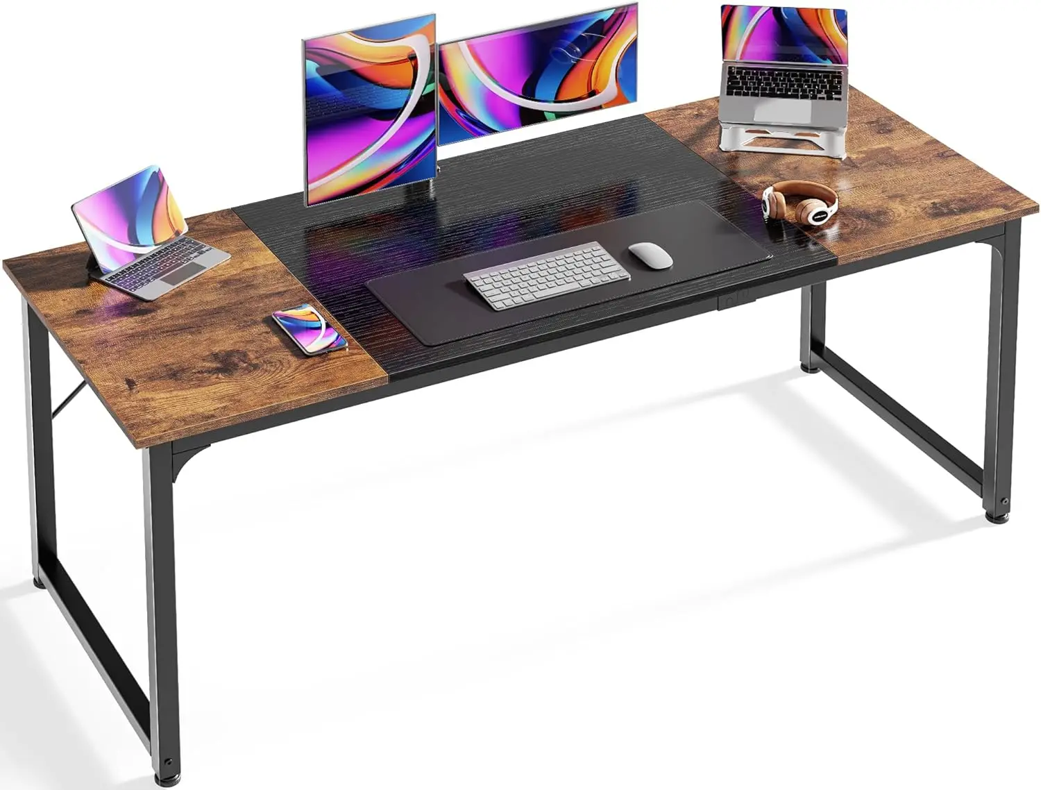 

63' Computer Desk, Gaming & Office Desk with Storage, Metal Frame, Rustic Brown & Black, Large Legroom