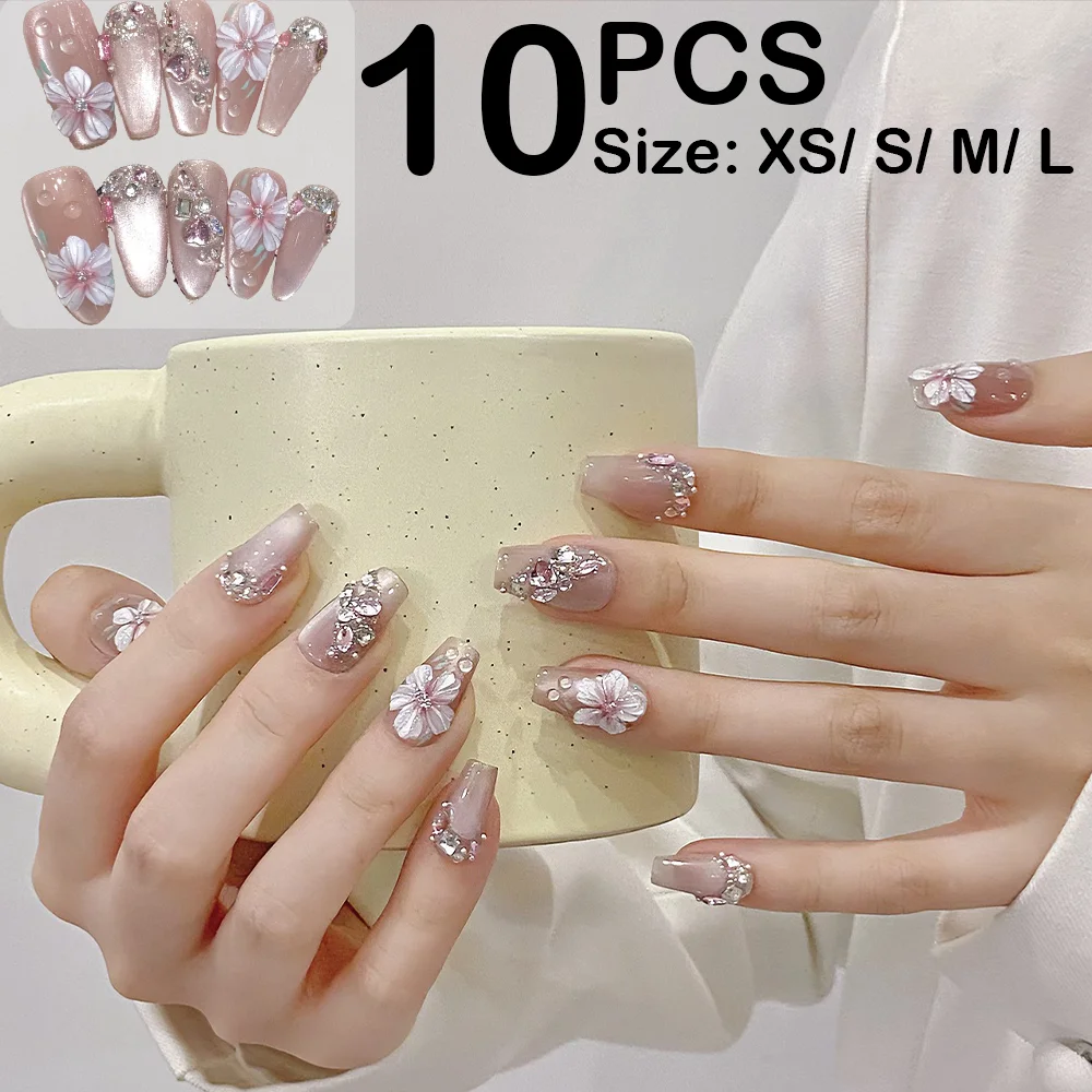 

10Pcs Super Flash Manual Short Trapezium Press On Nails Freehand Stereo Flower Nails Daily Cat Eye Pink Fake Nails