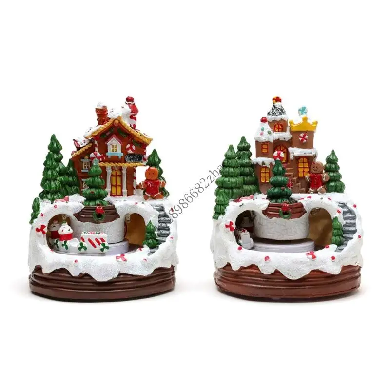 

H7EA Christmas Cabin Music Box with Train Musical Christmas Cabin Figurine Decoration