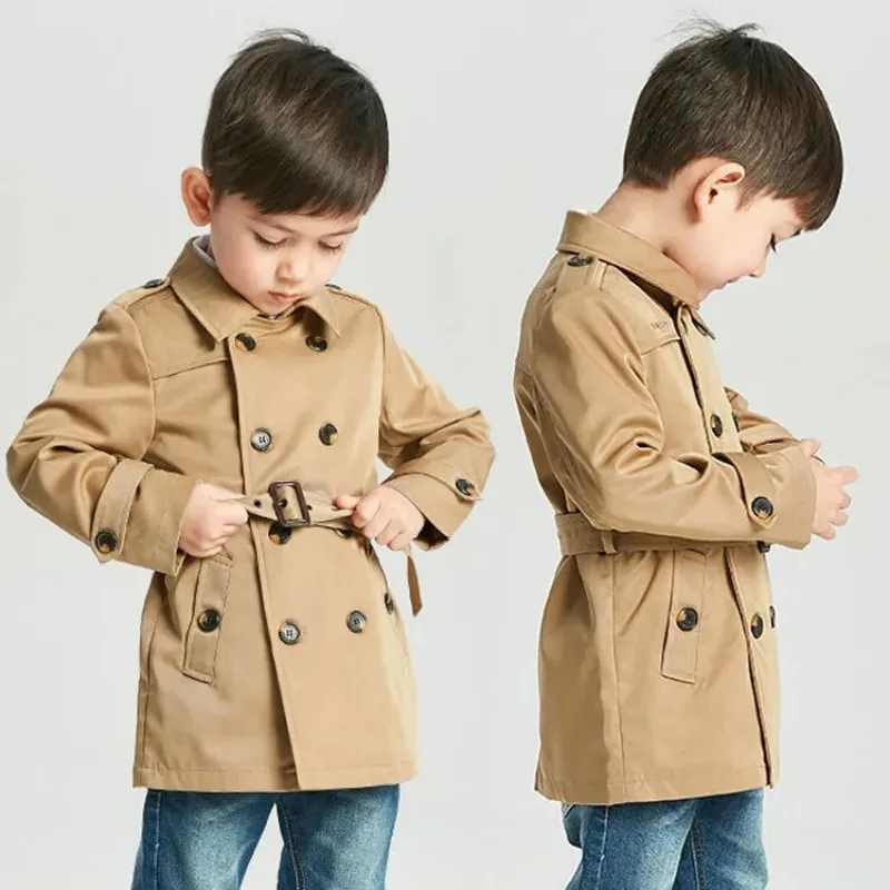 

Boys Trench Coat Autumn/Winter children Jacket Thickened Baby Handsome Top Mid length Double breasted Cardigan Girls Windbreaker