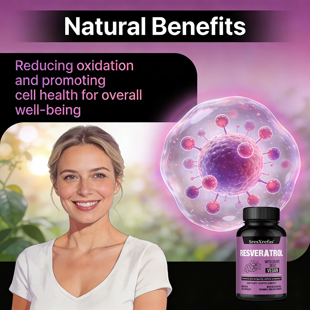 Resveratrol Supplement Capsules, with Grape Seed Extract, Non-GMO, Gluten-free, Anti-aging, Antioxidant, Supports Skin Health
