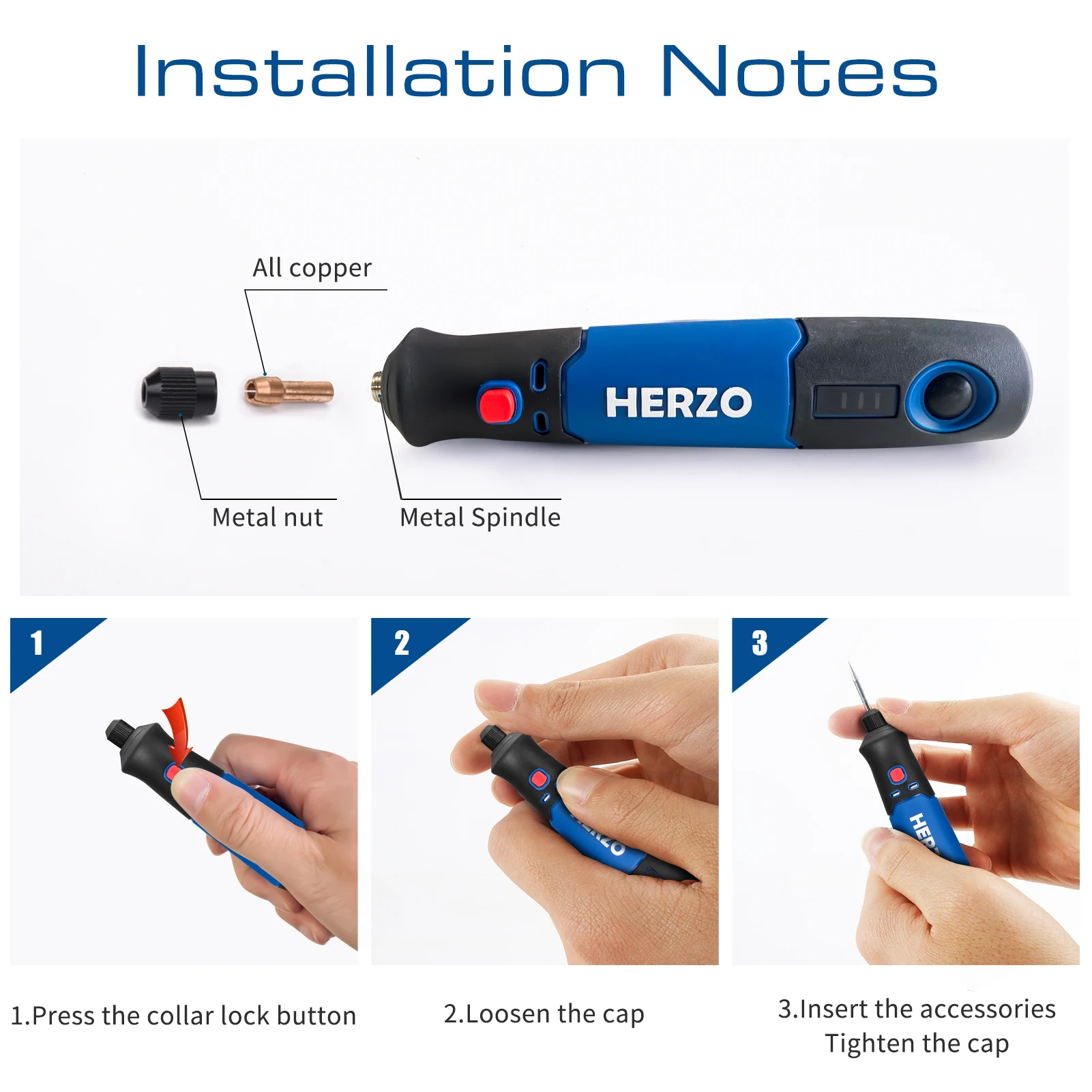 HERZO 3.7V Cordless Mini Drill Mini Rotary Tool Engraving Machine USB Li-ion Battery Engraver Pen for Grinding Polishing HMR37M