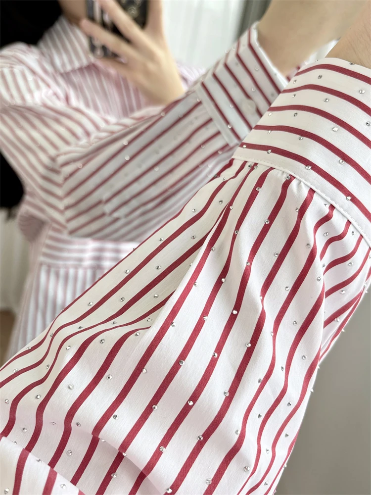 

Red and white striped shirt with fashionable design sense, attached diamond top, Heavy Industry M Home 24 early autumn new model