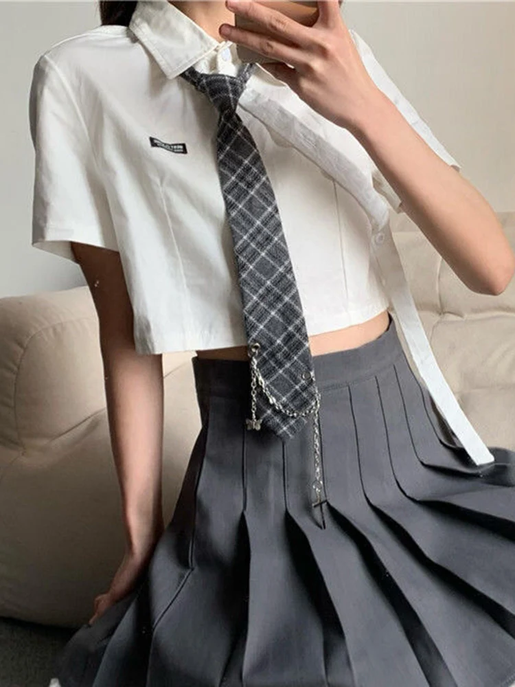 Zoki Jk Tie Sexy Cropped Shirt Women Design Preppy Style Cute Blouse Japan Casual Short Sleeve Fashion Letter Female Kawaii Tops