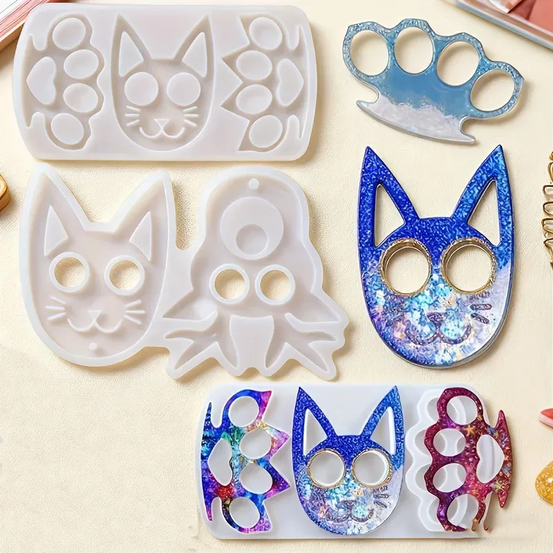 2Pcs Cat Knuckle Duster Silicone Resin Mold DIY Epoxy Mold For Cat Head Knuckle Pendant Keychain Desktop Handmade Craft Ornament