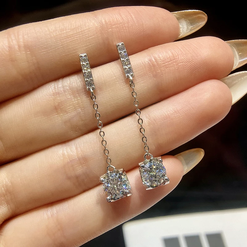 

KNB 1CT Dazzling Tassels Certified Moissanite Diamond Stud Earrings For Women Real 925 Sterling Silver Wedding Luxury Jewelry