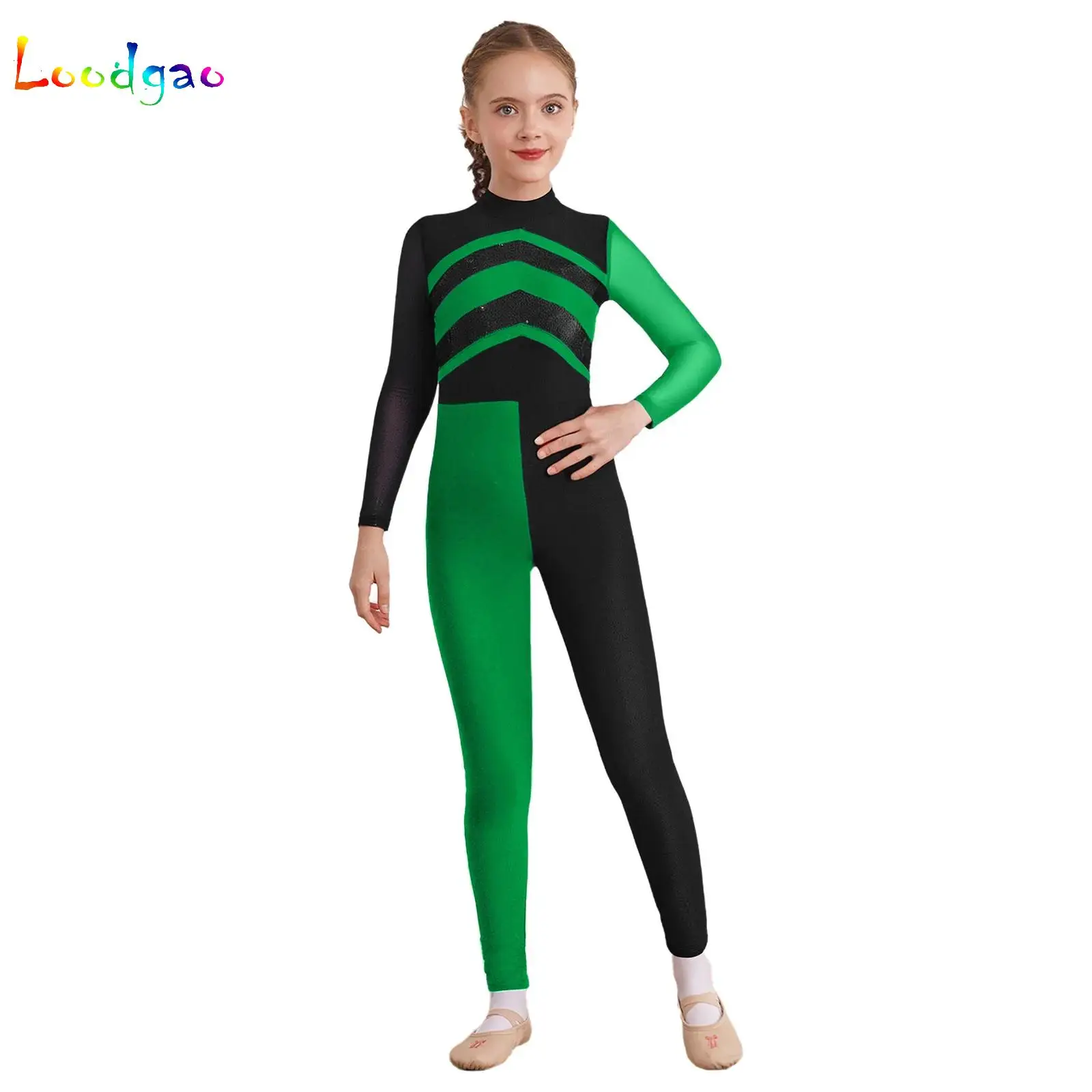 

Kids Girls Figure Skating Full Length Leotard Gymnastics Ballet Dance Shiny Sequins Jumpsuit Long Sleeve Bodysuit Dance Costume