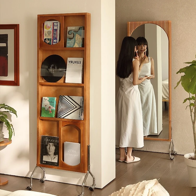 Dressing full body mirror household removable magazine rotating solid wood frame integrated floor partition entrance