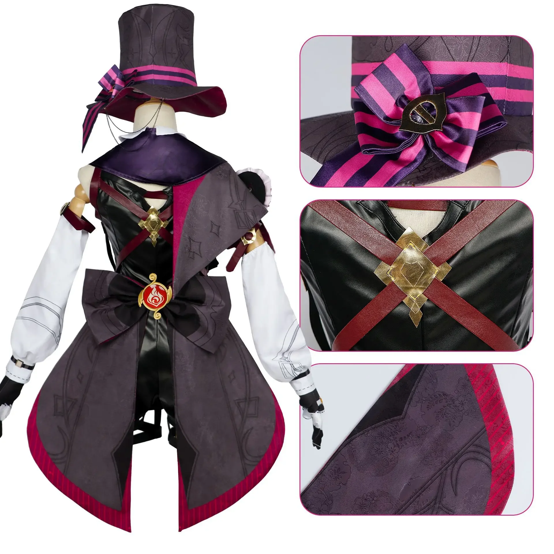 Anime Genshin Impact Lyney Cosplay Fontaine Costume Wig Hat Set  magician Leather Uniform Dress Short Hair Skirt Glove Outfit