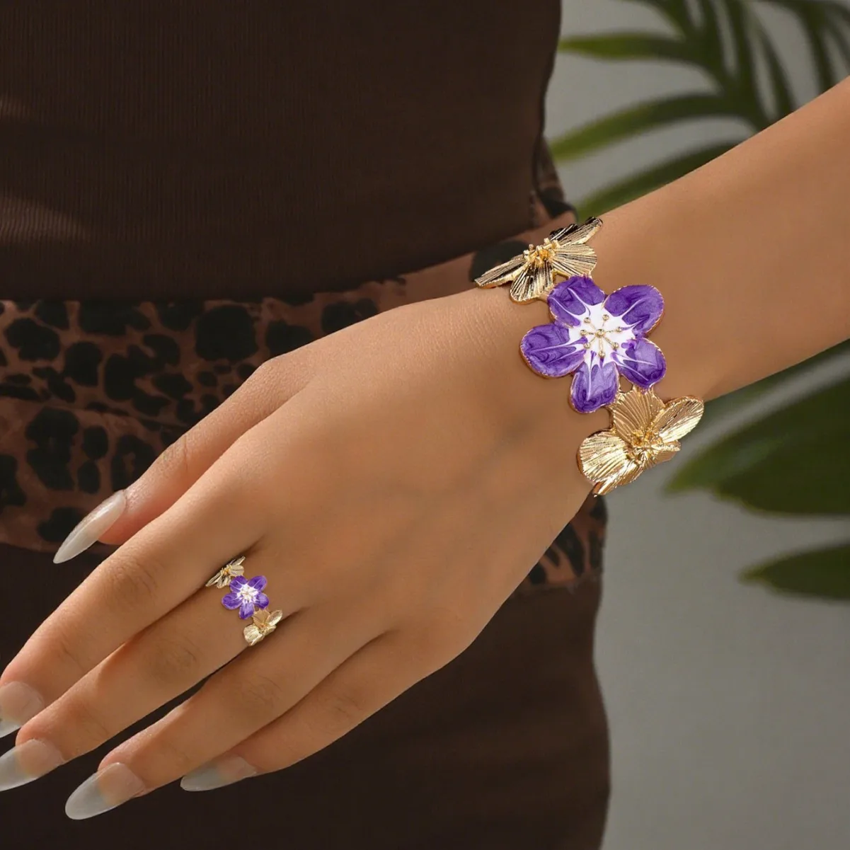 

Fashion Flower Enamel Open Adjustable Hollow Flower Ring Bracelet Set Vacation Gift