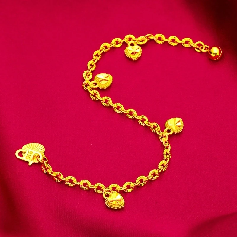 

Luxury 100% Real 24K Gold Heart Bracelet For Women, New Fashion Solid Gold Love Chain, Sweet Gift