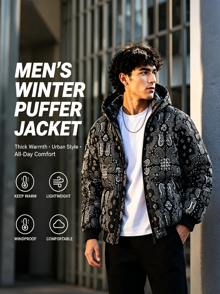 Winter Men's Warm Parks Coats Fashion Men Loose Patchwork Hooded Puffer Jackets Outdoor Man Loose Fit Windbreaker Padded Jacket