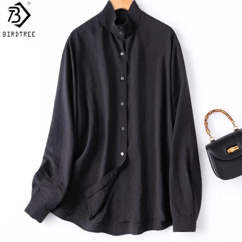 Birdtree, Blusa 76% Seda 24% Nailon, Cuello Mao, Manga Larga, Camisa de Seda Seca Negra para Hombre y Mujer, Nueva Colección Primavera 2026 T64301JF
