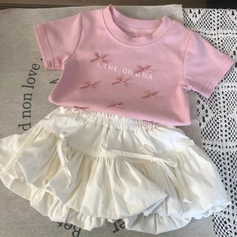 Children Clothing Fashion Two Piece Set 2024 New Summer Korean Sweet and Cute Girls Bow Short Sleeve T Shirt Culottes Set